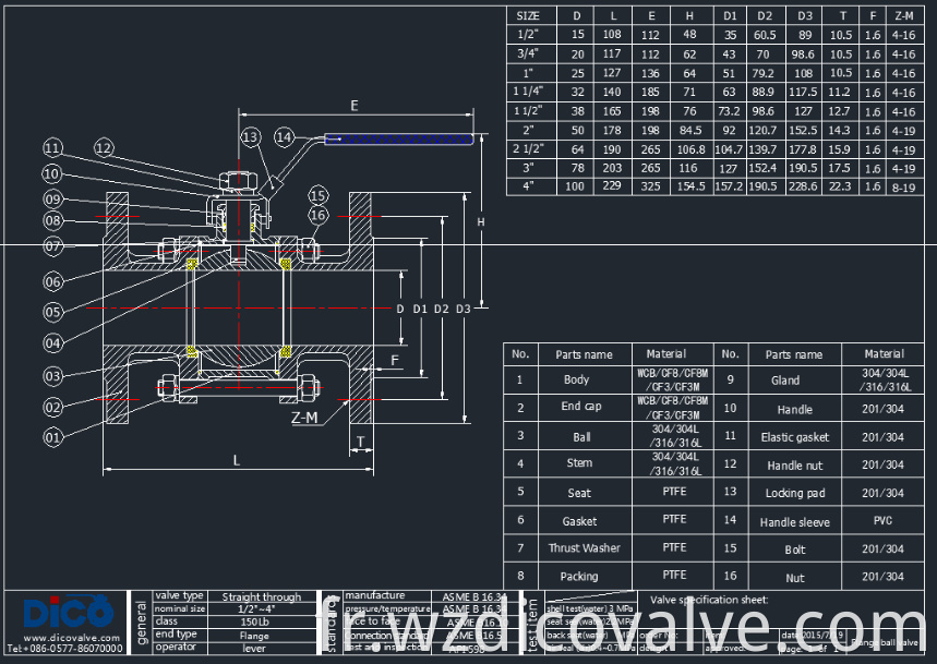 DICO Brand SS CF8 304 en acier inoxydable à bride SS316 3pc Valve à billes flottantes à bride avec levier opéré